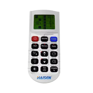 A white remote control with a screen and various buttons, representing a LED lighting Australia device
