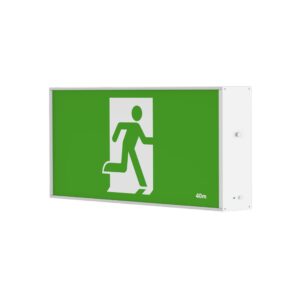 LED lighting Australia A green and white sign with a green LED lighted exit sign, indicating the path to the exit in a