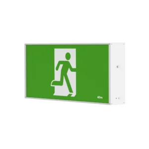 LED lighting Australia A green and white sign with a green LED lighted exit sign, indicating the path to the exit in a