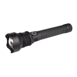 LED lighting Australia A black flashlight with a silver lens and a textured grip