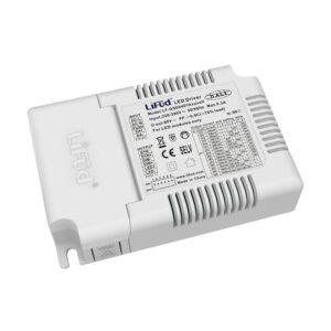 A white, compact LED driver with a label and a small LED light on the front, suitable for LED lighting Australia