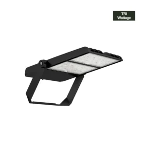 A black LED floodlight with a square shape and three white LED lights, suitable for LED lighting Australia