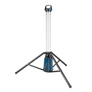LED lighting Australia A high-quality LED light tower with a long, thin, white LED light tube and a blue and black metal
