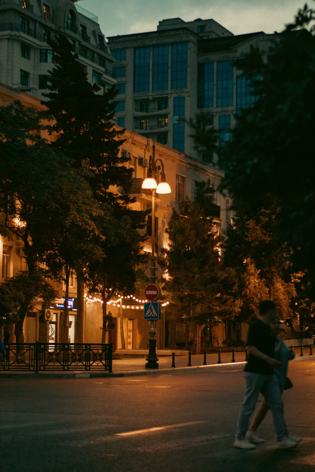 Tree-lined street lit by LED street lights