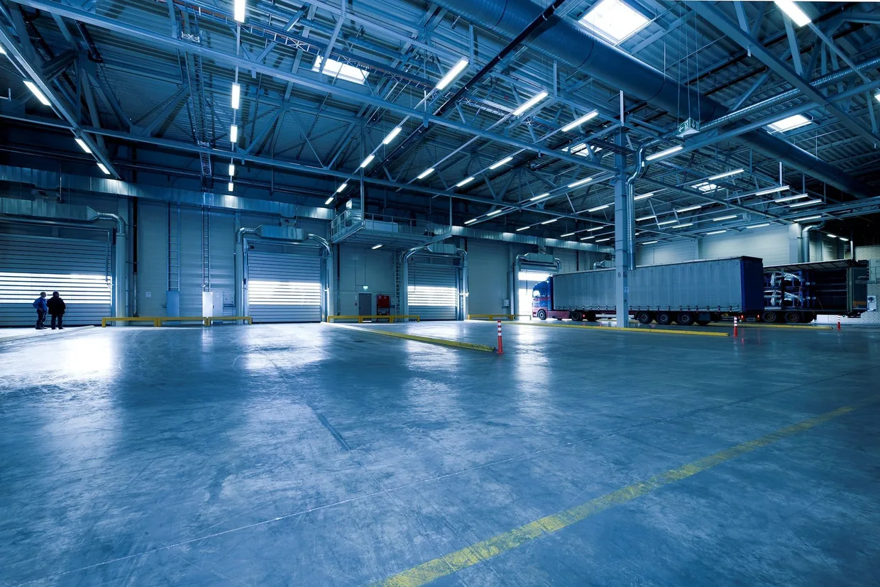 Warehouse lit by LED high bays